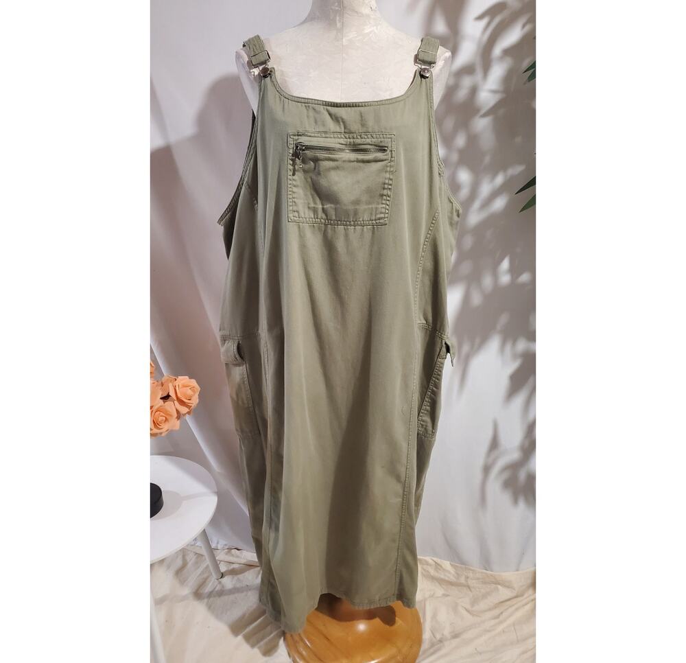 Vtg 90s Faded Glory Cargo Overall Jumper Dress Sz 26 Army Khaki Green Zip Pocket
